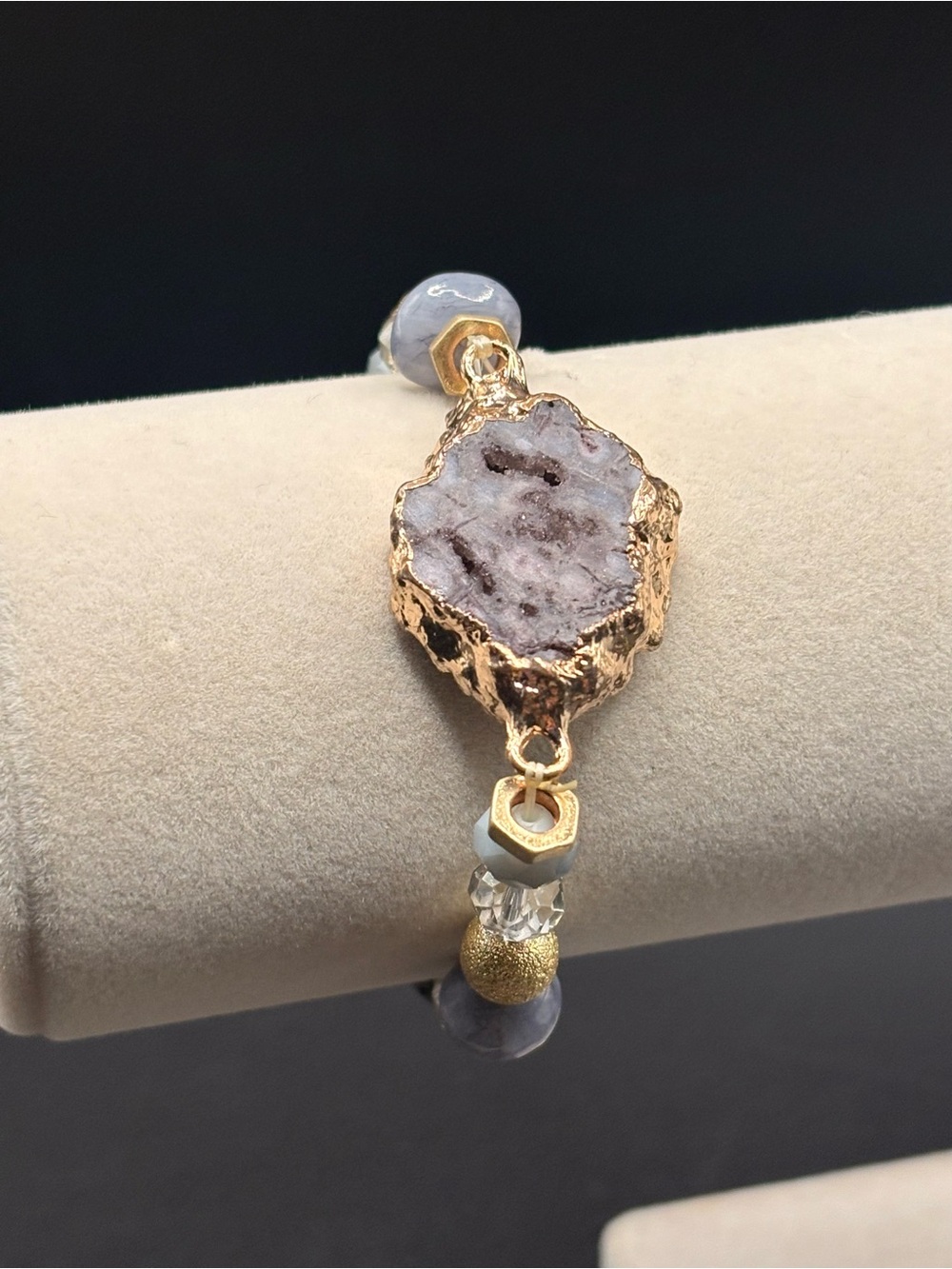 Lavender Druzy Agate Geode Blue Glass Bead Stretch Bracelet Gold Tone